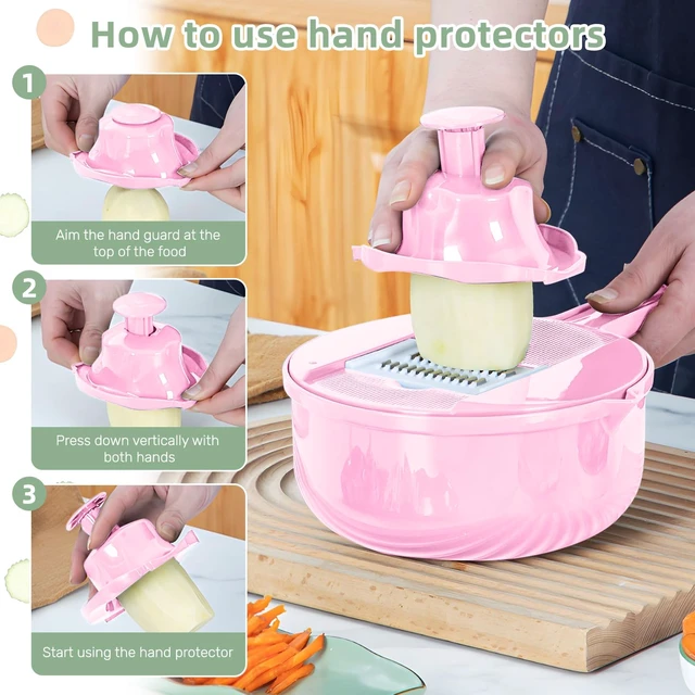 Alt view image 5 of 7 - Vegetable Chopper-7 IN 1 Potato Slicer,Vegetable Grater Food Chopper with Container Multifunctional Chopper Vegetable Cutter Slicer With 6 Stainless Steel Blades For Kitchen (Pink, 7 in 1)