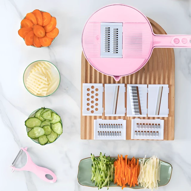 Alt view image 7 of 7 - Vegetable Chopper-7 IN 1 Potato Slicer,Vegetable Grater Food Chopper with Container Multifunctional Chopper Vegetable Cutter Slicer With 6 Stainless Steel Blades For Kitchen (Pink, 7 in 1)