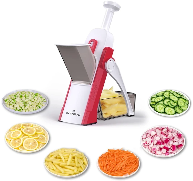 Main image of Safe Mandoline Slicer 5 in 1 Vegetable Cutter, Strips Julienne Dicer Adjustable Thickness 0.1-8 mm for Kitench Fast Meal Prep (Red)