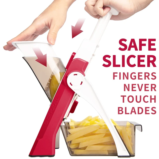 Alt view image 2 of 7 - Safe Mandoline Slicer 5 in 1 Vegetable Cutter, Strips Julienne Dicer Adjustable Thickness 0.1-8 mm for Kitench Fast Meal Prep (Red)