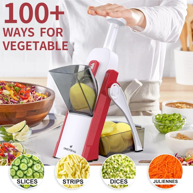 Alt view image 3 of 7 - Safe Mandoline Slicer 5 in 1 Vegetable Cutter, Strips Julienne Dicer Adjustable Thickness 0.1-8 mm for Kitench Fast Meal Prep (Red)