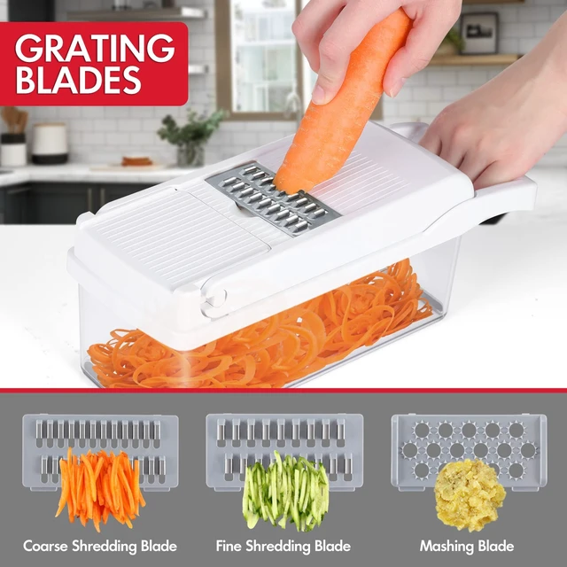 Alt view image 3 of 7 - Vegetable Chopper Onion Cutter, 12 in 1 Professional Mandoline Slicer for Kitchen, Multifunctional Food Chopper for Potato, Tomato, Veggie with Strainer Basket, 8 Blades, White