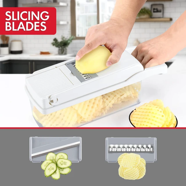Alt view image 4 of 7 - Vegetable Chopper Onion Cutter, 12 in 1 Professional Mandoline Slicer for Kitchen, Multifunctional Food Chopper for Potato, Tomato, Veggie with Strainer Basket, 8 Blades, White
