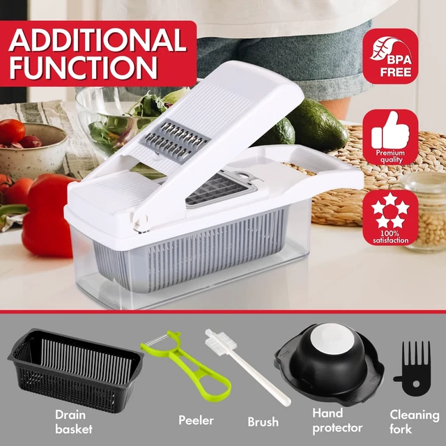 Alt view image 5 of 7 - Vegetable Chopper Onion Cutter, 12 in 1 Professional Mandoline Slicer for Kitchen, Multifunctional Food Chopper for Potato, Tomato, Veggie with Strainer Basket, 8 Blades, White