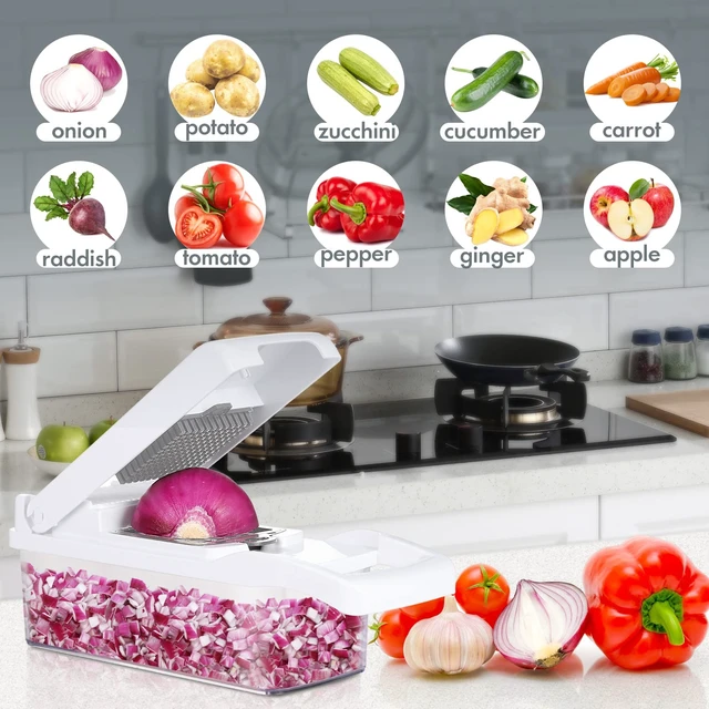 Alt view image 6 of 7 - Vegetable Chopper Onion Cutter, 12 in 1 Professional Mandoline Slicer for Kitchen, Multifunctional Food Chopper for Potato, Tomato, Veggie with Strainer Basket, 8 Blades, White