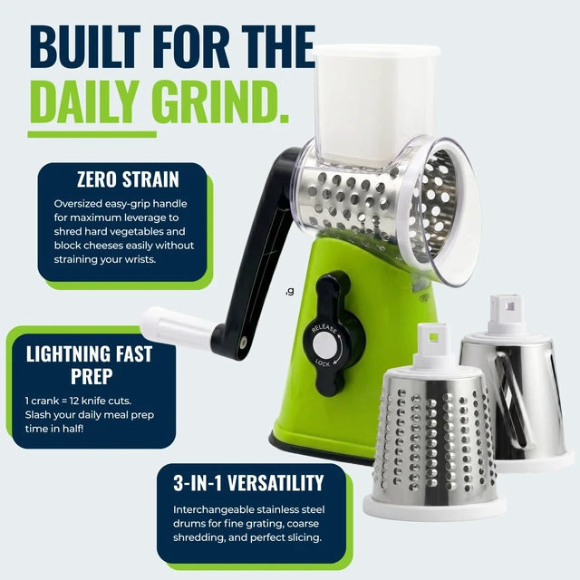 Alt view image 2 of 6 - Rotary Cheese Grater with Handle Manual Vegetable Slicer & Round Shredder 3 Interchangeable Stainless Steel Blades for Cheese, Nuts, Chocolate Strong Suction Base Kitchen Mandoline