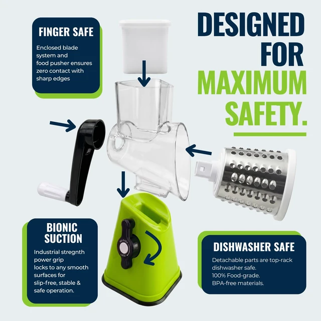 Alt view image 3 of 6 - Rotary Cheese Grater with Handle Manual Vegetable Slicer & Round Shredder 3 Interchangeable Stainless Steel Blades for Cheese, Nuts, Chocolate Strong Suction Base Kitchen Mandoline