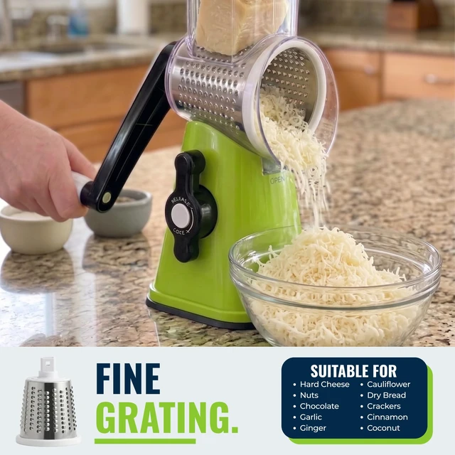 Alt view image 4 of 6 - Rotary Cheese Grater with Handle Manual Vegetable Slicer & Round Shredder 3 Interchangeable Stainless Steel Blades for Cheese, Nuts, Chocolate Strong Suction Base Kitchen Mandoline
