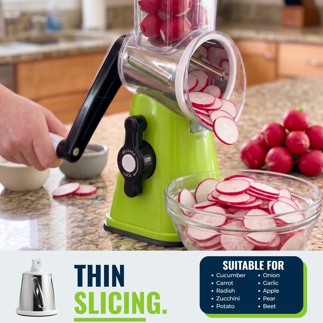 Alt view image 5 of 6 - Rotary Cheese Grater with Handle Manual Vegetable Slicer & Round Shredder 3 Interchangeable Stainless Steel Blades for Cheese, Nuts, Chocolate Strong Suction Base Kitchen Mandoline