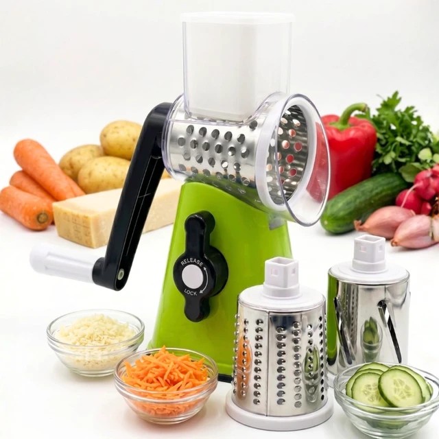 Main image of Rotary Cheese Grater with Handle Manual Vegetable Slicer & Round Shredder 3 Interchangeable Stainless Steel Blades for Cheese, Nuts, Chocolate Strong Suction Base Kitchen Mandoline