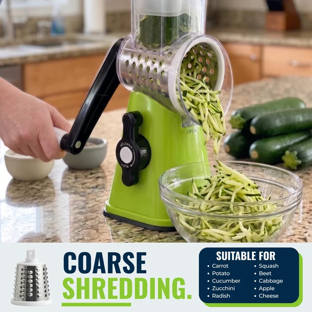 Alt view image 6 of 6 - Rotary Cheese Grater with Handle Manual Vegetable Slicer & Round Shredder 3 Interchangeable Stainless Steel Blades for Cheese, Nuts, Chocolate Strong Suction Base Kitchen Mandoline