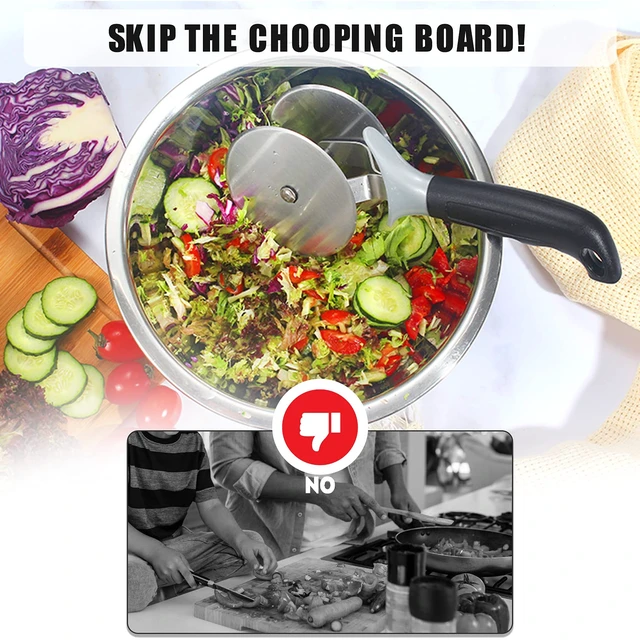 Alt view image 6 of 7 - Salad Chopper Tool Lettuce Chopper with Protective Covers Dual Wheels Stainless Steel Circle Cutter Quick Kitchen Prep