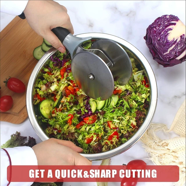 Alt view image 5 of 7 - Salad Chopper Tool Lettuce Chopper with Protective Covers Dual Wheels Stainless Steel Circle Cutter Quick Kitchen Prep