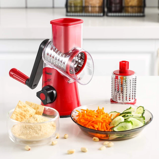 Alt view image 6 of 7 - Rotary Cheese Grater, Kitchen Mandoline Vegetable Slicer with 2 Interchangeable Blades, Easy to Clean Rotary Grater Slicer for Fruit, Vegetables, Nuts
