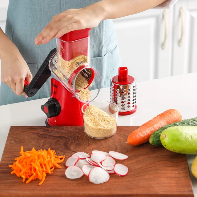 Alt view image 5 of 7 - Rotary Cheese Grater, Kitchen Mandoline Vegetable Slicer with 2 Interchangeable Blades, Easy to Clean Rotary Grater Slicer for Fruit, Vegetables, Nuts