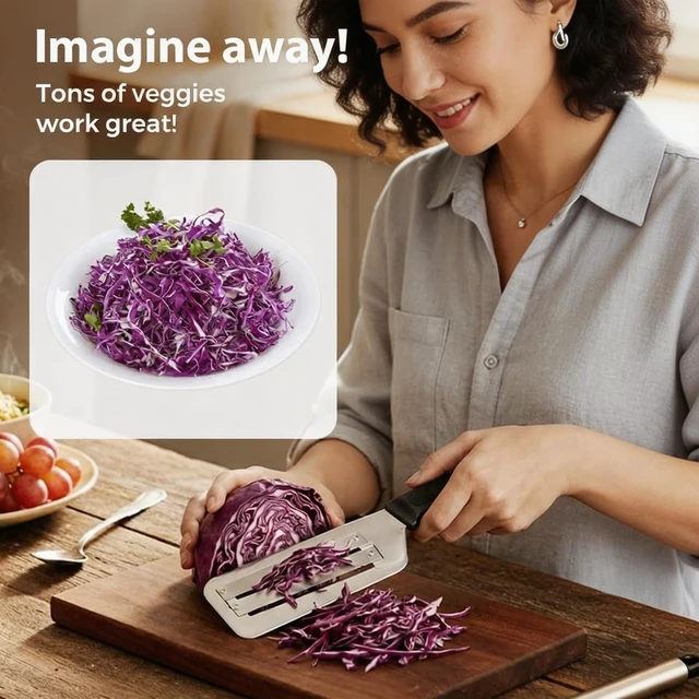 Alt view image 7 of 7 - 2026 Upgraded Stainless Steel Cabbage Cutter & Vegetable Slicer Multifunctional Cortador de Repollo for Shredded Cabbage, Sauerkraut, Carrots & More, with Silicone Finger Grips (Red)