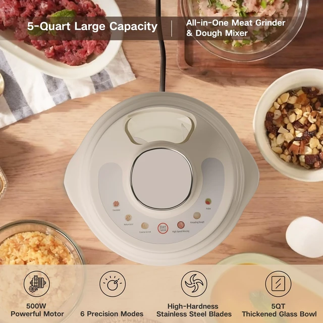 Alt view image 4 of 7 - 5QT Food Processors, Electric Food Chopper with Meat Grinder & Vegetable Chopper,Thickened Glass Bowl with Powerful 500W Copper Motor,2 Sets of 6-Blades for Fruits/Meat/Nuts,6 Precision Modes