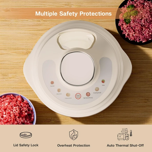 Alt view image 5 of 7 - 5QT Food Processors, Electric Food Chopper with Meat Grinder & Vegetable Chopper,Thickened Glass Bowl with Powerful 500W Copper Motor,2 Sets of 6-Blades for Fruits/Meat/Nuts,6 Precision Modes