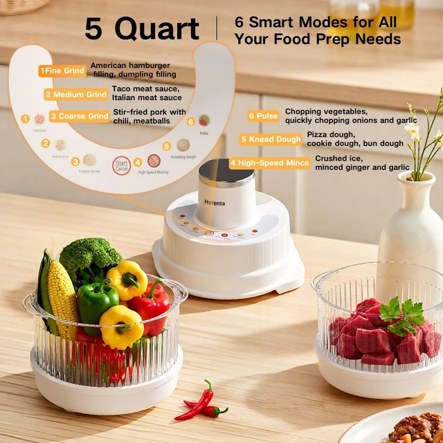 Alt view image 2 of 7 - 5QT Food Processors, Electric Food Chopper with Meat Grinder & Vegetable Chopper,Thickened Glass Bowl with Powerful 500W Copper Motor,2 Sets of 6-Blades for Fruits/Meat/Nuts,6 Precision Modes