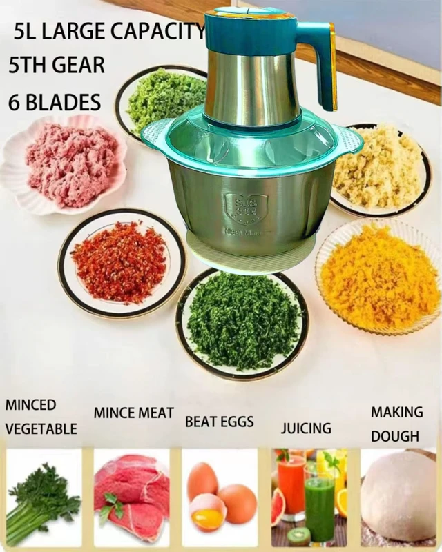 Alt view image 2 of 7 - 5L Electric Meat Grinder, 500W Vegetable Chopper & food grinder | 5L stainless steel bowl, 500W motor, five speeds, six-blade assembly, safety lock, and overheat protection