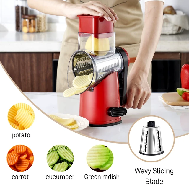 Alt view image 3 of 7 - 4 in 1 Large Rotary Cheese Grater Hand Crank (Red black 4 Graters) | Cheese Shredder Rotary and Slicer with 4 Stainless Steel Blades for Vegetables, Veggie and Cheese, Stronger Suction Base