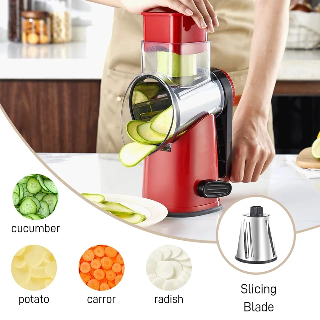 Alt view image 4 of 7 - 4 in 1 Large Rotary Cheese Grater Hand Crank (Red black 4 Graters) | Cheese Shredder Rotary and Slicer with 4 Stainless Steel Blades for Vegetables, Veggie and Cheese, Stronger Suction Base