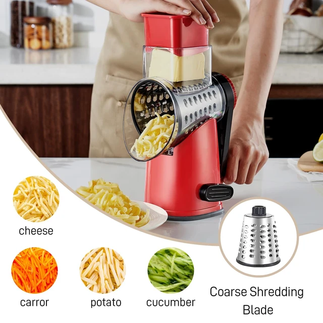 Alt view image 5 of 7 - 4 in 1 Large Rotary Cheese Grater Hand Crank (Red black 4 Graters) | Cheese Shredder Rotary and Slicer with 4 Stainless Steel Blades for Vegetables, Veggie and Cheese, Stronger Suction Base