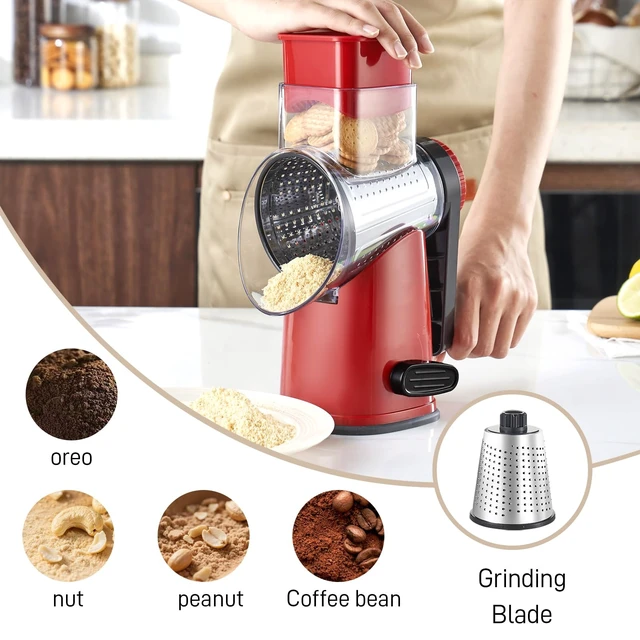 Alt view image 6 of 7 - 4 in 1 Large Rotary Cheese Grater Hand Crank (Red black 4 Graters) | Cheese Shredder Rotary and Slicer with 4 Stainless Steel Blades for Vegetables, Veggie and Cheese, Stronger Suction Base