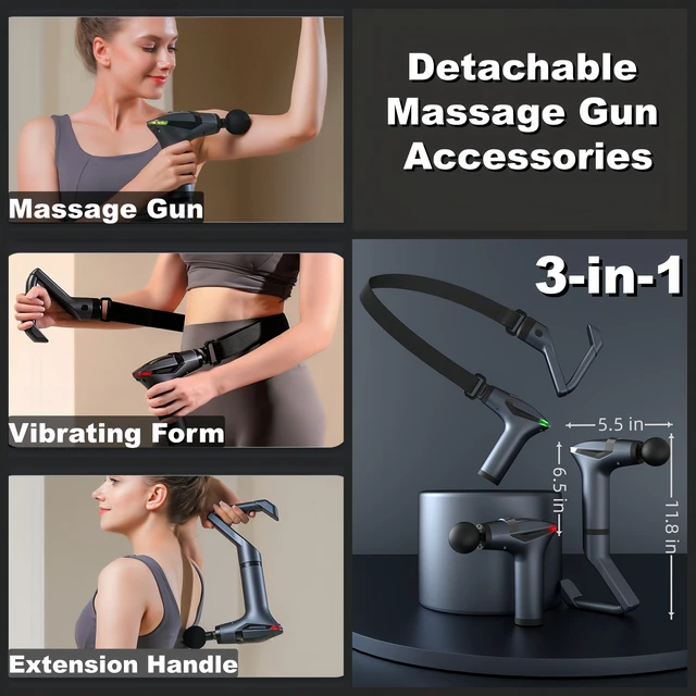 Alt view image 2 of 7 - 3-in-1 Deep Tissue Massage Gun with Removable Extended Handle & Massage Belt, 12 Speed Levels & 4 Replaceable Heads,Back Pain, Muscle Recovery for Athletes & Seniors (Dark Gray)