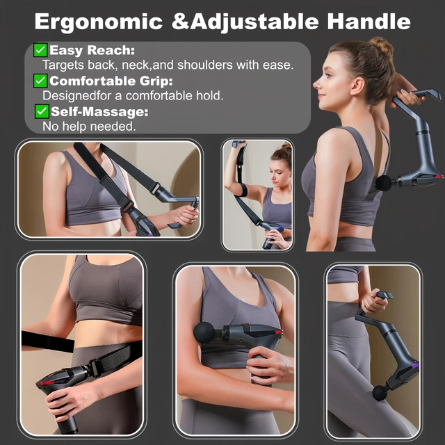 Alt view image 4 of 7 - 3-in-1 Deep Tissue Massage Gun with Removable Extended Handle & Massage Belt, 12 Speed Levels & 4 Replaceable Heads,Back Pain, Muscle Recovery for Athletes & Seniors (Dark Gray)