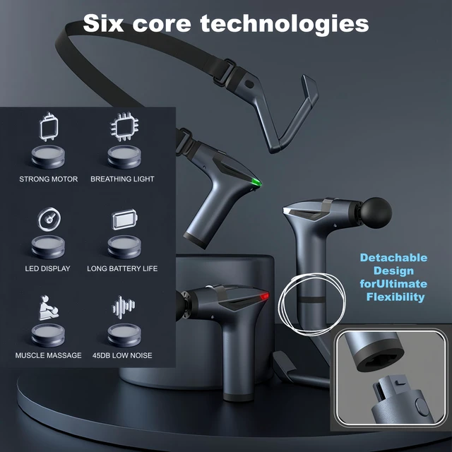 Alt view image 6 of 7 - 3-in-1 Deep Tissue Massage Gun with Removable Extended Handle & Massage Belt, 12 Speed Levels & 4 Replaceable Heads,Back Pain, Muscle Recovery for Athletes & Seniors (Dark Gray)