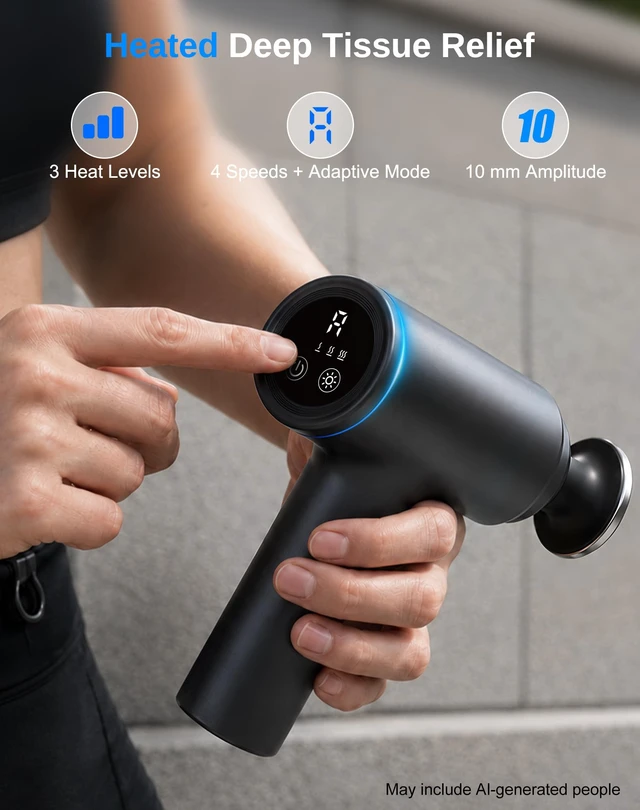 Alt view image 2 of 7 - Heated Massage Gun Deep Tissue, 3 Heat Levels, 2026 Latest Model | massager gun with 5 preset speeds, adaptive pressure mode, 10mm amplitude, 4 heads, USB-C charging, low battery indicator