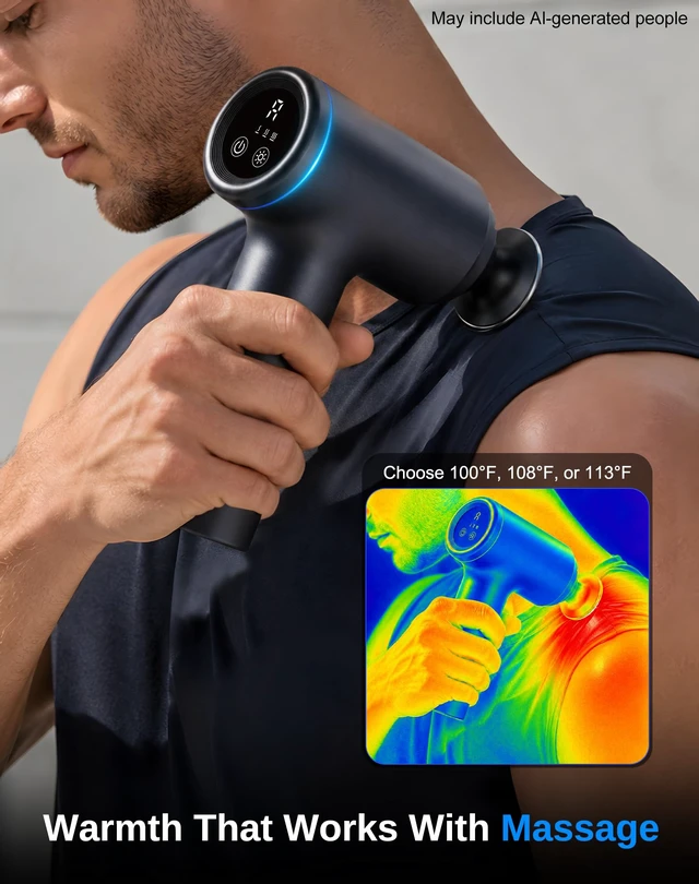 Alt view image 3 of 7 - Heated Massage Gun Deep Tissue, 3 Heat Levels, 2026 Latest Model | massager gun with 5 preset speeds, adaptive pressure mode, 10mm amplitude, 4 heads, USB-C charging, low battery indicator