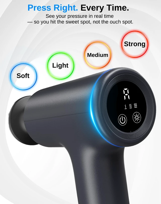 Alt view image 4 of 7 - Heated Massage Gun Deep Tissue, 3 Heat Levels, 2026 Latest Model | massager gun with 5 preset speeds, adaptive pressure mode, 10mm amplitude, 4 heads, USB-C charging, low battery indicator