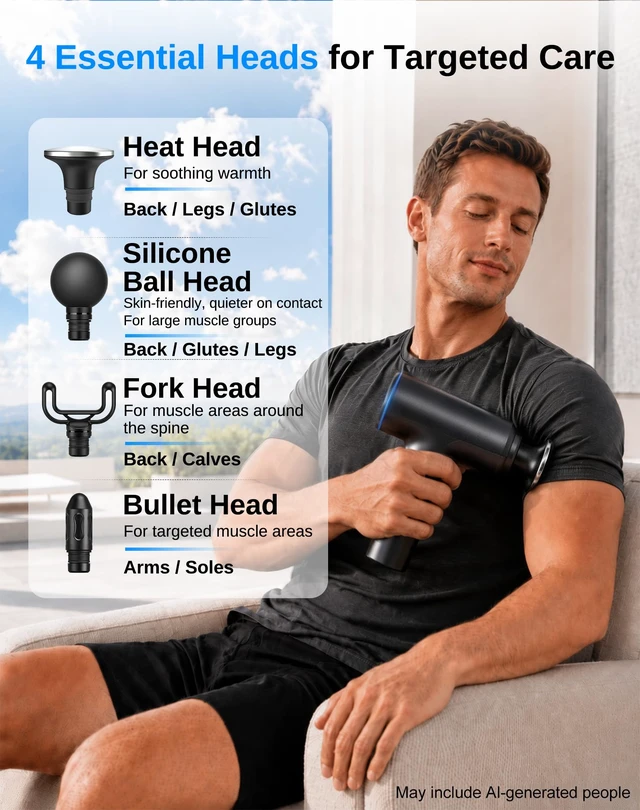 Alt view image 7 of 7 - Heated Massage Gun Deep Tissue, 3 Heat Levels, 2026 Latest Model | massager gun with 5 preset speeds, adaptive pressure mode, 10mm amplitude, 4 heads, USB-C charging, low battery indicator