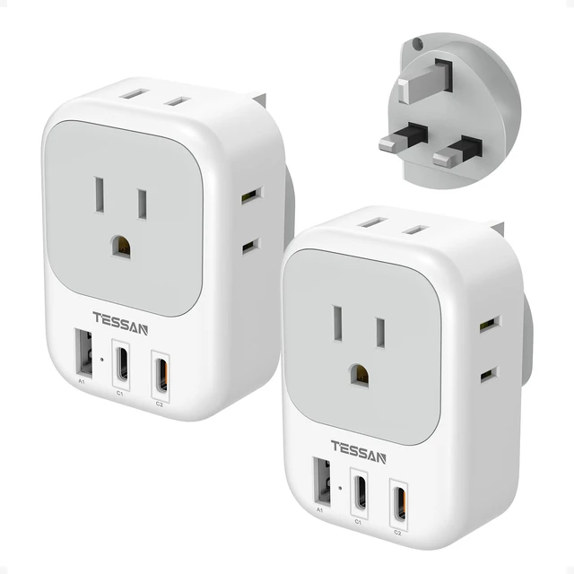 Main image of UK Travel Adapters PD 20W, 2 Pack Type G | 4 Outlets 3 USB (2 USB-C), US to UK Ireland London Scotland England, Kenya Dubai Singapore Hong Kong