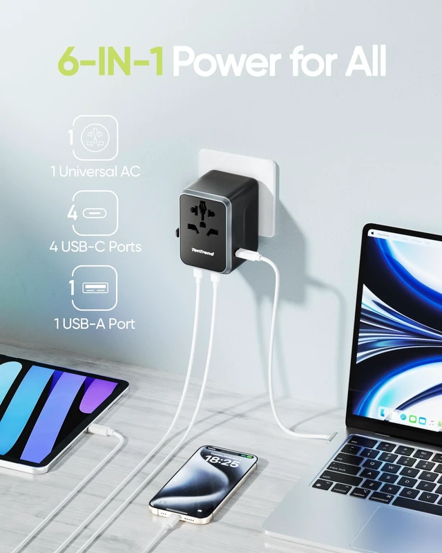 Alt view image 2 of 6 - Universal Travel Adapter, 30W International Power Adapter with 4 USB-C & 1 USB-A Ports, European Travel Plug Adapter, Worldwide Travel Essentials for EU UK AUS USA