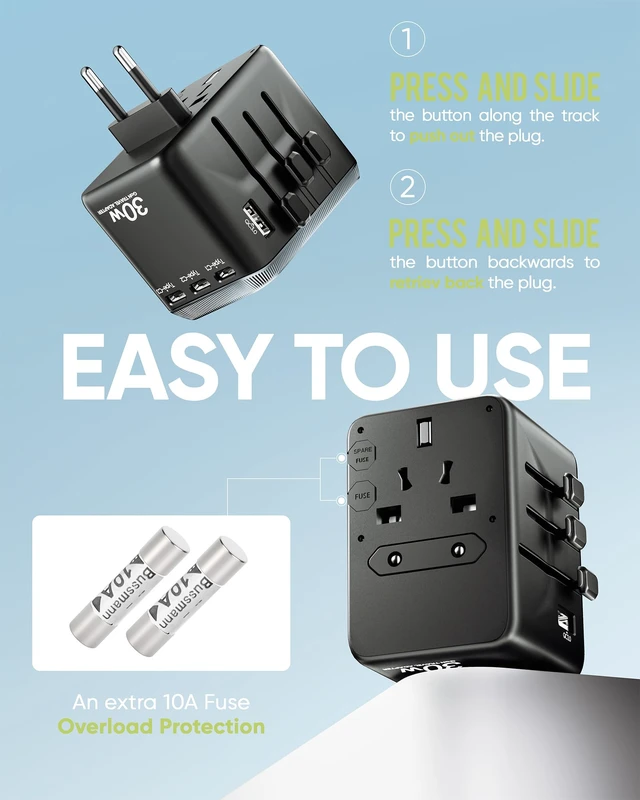 Alt view image 6 of 6 - Universal Travel Adapter, 30W International Power Adapter with 4 USB-C & 1 USB-A Ports, European Travel Plug Adapter, Worldwide Travel Essentials for EU UK AUS USA