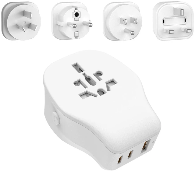 Main image of International Travel Adapter Set with 3 USB Ports 1 AC Socket, Includes Type B, I, G, E/F Detachable Attachments for Using in European Countries, Germany, Spain, Australia, UK (White)