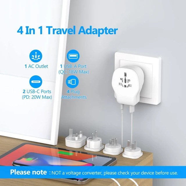 Alt view image 3 of 7 - International Travel Adapter Set with 3 USB Ports 1 AC Socket, Includes Type B, I, G, E/F Detachable Attachments for Using in European Countries, Germany, Spain, Australia, UK (White)