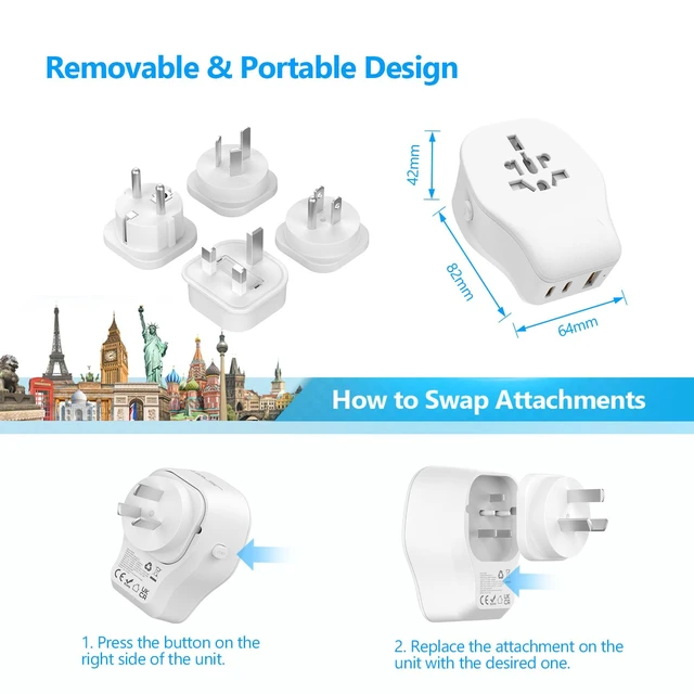 Alt view image 6 of 7 - International Travel Adapter Set with 3 USB Ports 1 AC Socket, Includes Type B, I, G, E/F Detachable Attachments for Using in European Countries, Germany, Spain, Australia, UK (White)