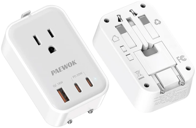 Main image of Travel Adapter, Mini Universal Travel Plug Adapter, US to European, UK | Type C G A I, Ultra Thin, PD 20W, 1 AC Outlet, 3 USB Fast Charging, International Plug Adaptor for Italy Spain, White