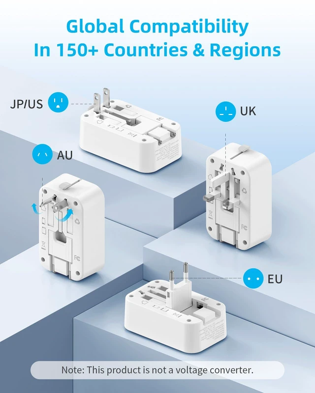 Alt view image 2 of 7 - Travel Adapter, Mini Universal Travel Plug Adapter, US to European, UK | Type C G A I, Ultra Thin, PD 20W, 1 AC Outlet, 3 USB Fast Charging, International Plug Adaptor for Italy Spain, White