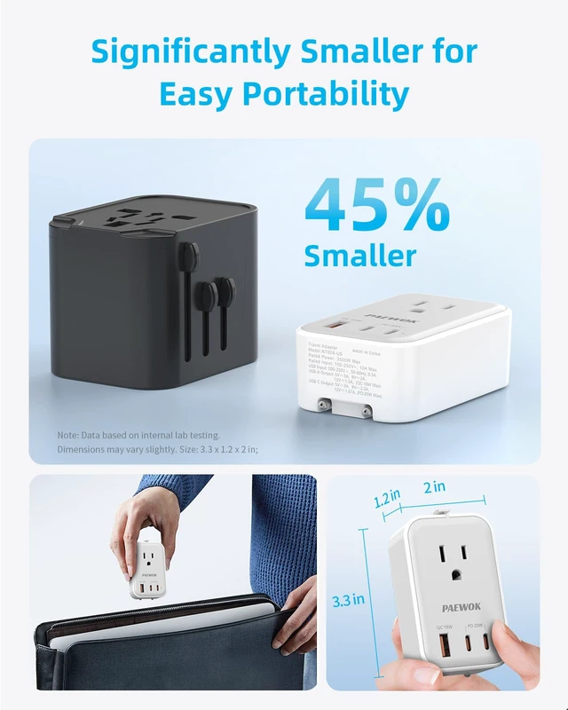 Alt view image 3 of 7 - Travel Adapter, Mini Universal Travel Plug Adapter, US to European, UK | Type C G A I, Ultra Thin, PD 20W, 1 AC Outlet, 3 USB Fast Charging, International Plug Adaptor for Italy Spain, White