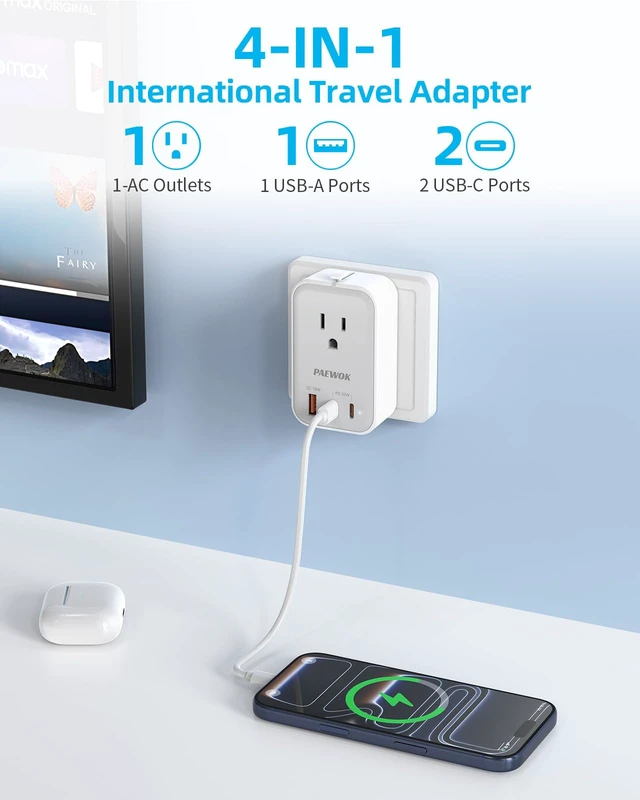Alt view image 4 of 7 - Travel Adapter, Mini Universal Travel Plug Adapter, US to European, UK | Type C G A I, Ultra Thin, PD 20W, 1 AC Outlet, 3 USB Fast Charging, International Plug Adaptor for Italy Spain, White