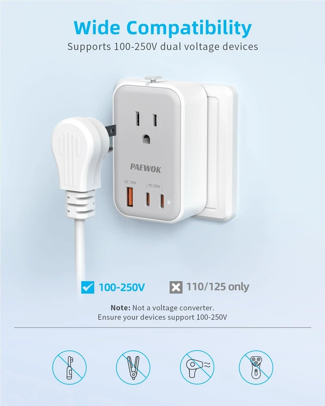Alt view image 6 of 7 - Travel Adapter, Mini Universal Travel Plug Adapter, US to European, UK | Type C G A I, Ultra Thin, PD 20W, 1 AC Outlet, 3 USB Fast Charging, International Plug Adaptor for Italy Spain, White