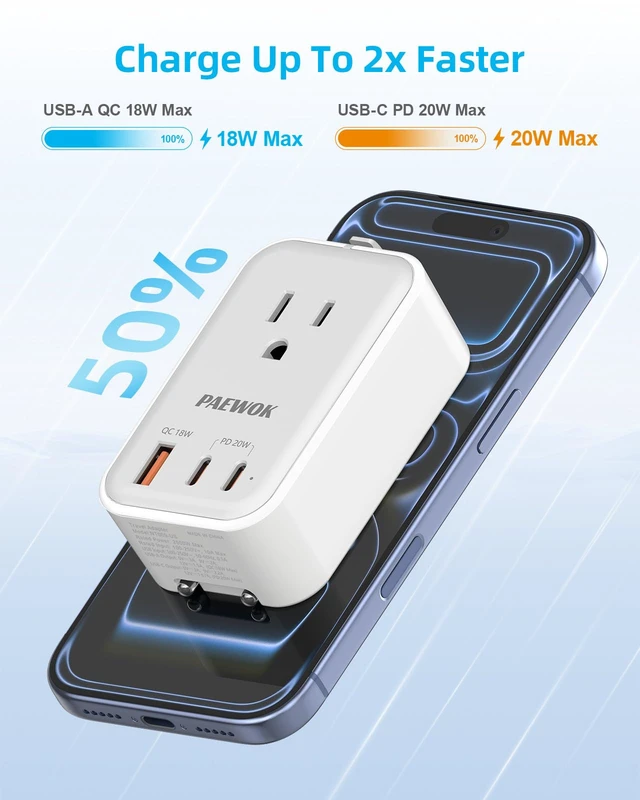 Alt view image 5 of 7 - Travel Adapter, Mini Universal Travel Plug Adapter, US to European, UK | Type C G A I, Ultra Thin, PD 20W, 1 AC Outlet, 3 USB Fast Charging, International Plug Adaptor for Italy Spain, White