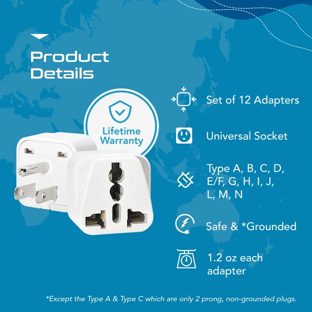 Alt view image 3 of 7 - Travel Adapter with Types A-M Plugs, Travel Plug Adapter Set Compatible with Power Sockets in All Continents, Compact World International Plug Adaptor Kit, Set of 12,GP-12PK
