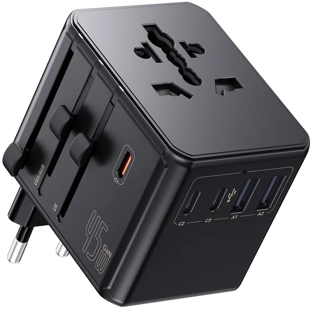 Main image of Universal Travel Adapter, 45W PD Fast Charging Travel Plug Adapter | 3 USBC, 2 USBA, 3 AC Outlets, Compact GaN Design, DualFuse, FireResistant, Safety Shutters, Black