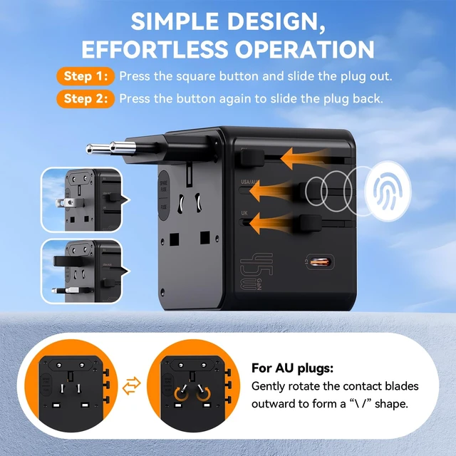 Alt view image 3 of 7 - Universal Travel Adapter, 45W PD Fast Charging Travel Plug Adapter | 3 USBC, 2 USBA, 3 AC Outlets, Compact GaN Design, DualFuse, FireResistant, Safety Shutters, Black